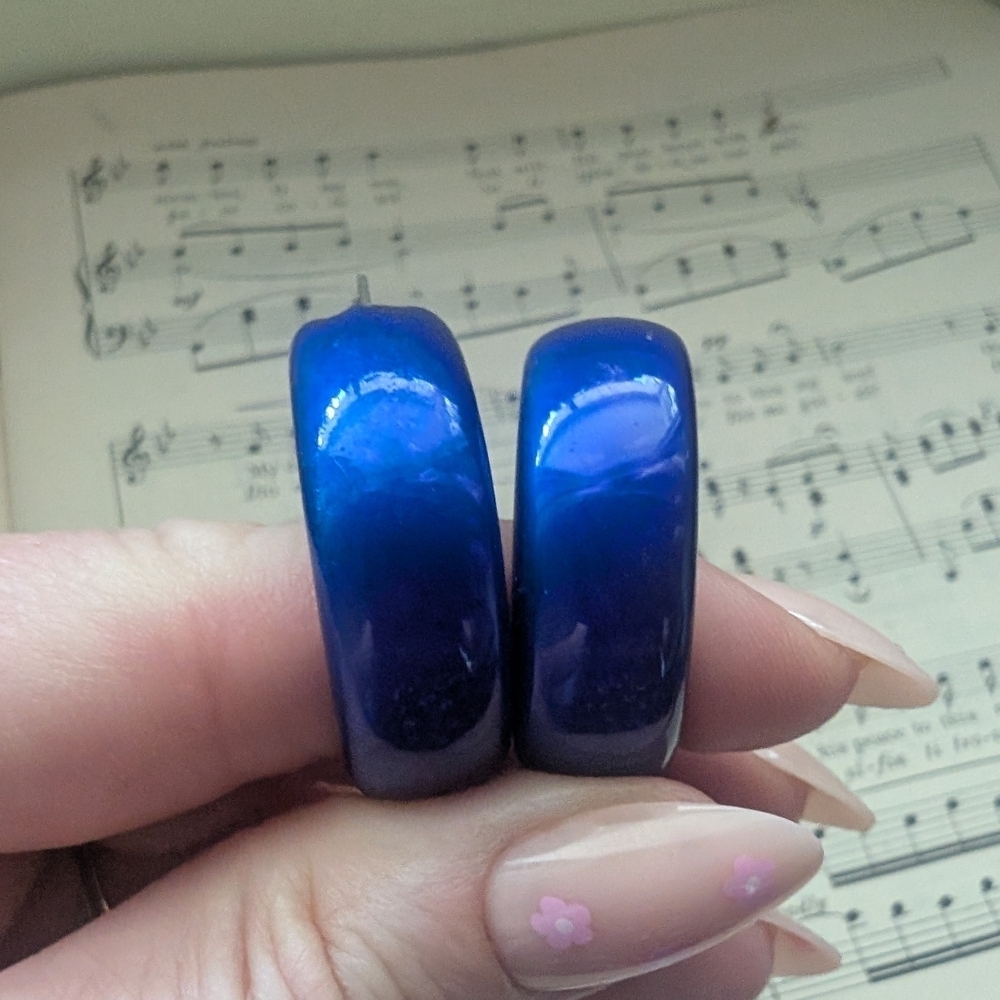 Metallic Blue Crescent Hoop Earrings - Picture 5 of 7